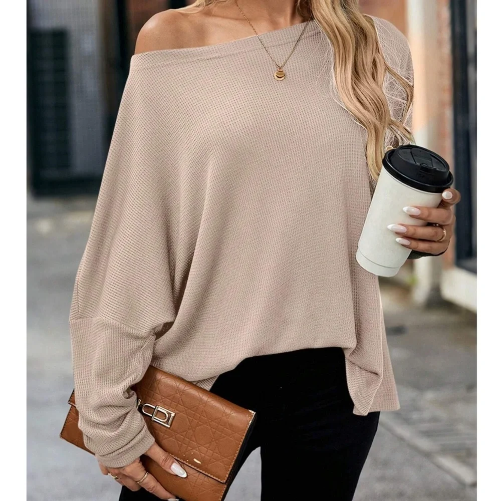 Solid Off Shoulder Loose Fit Waffle Long Sleeve Top - Picture 12 of 16